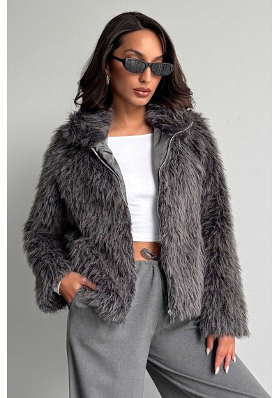 Verymoda Yapay Kürk Kadın Ceket Fermuarlı, Yumuşak Dokulu Modern Kışlık Mont F2037 Gri
