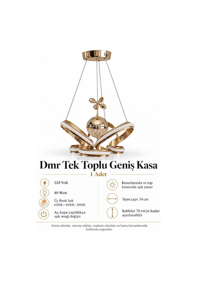 Dmr Tek Toplu Taçlı Geniş Kasa Altın Gold Şerit Sarkıt Led Avize Üç Renk 40w 6500k/4000k/3000k Be Çok Renkli