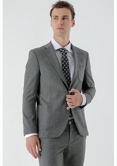 Morven Erkek Gri Poliviskon Trend Desenli Slim Fit Mono Yaka Takım Elbise Gri