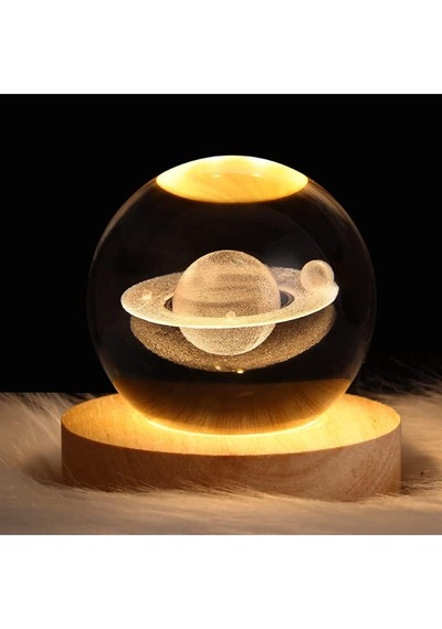 3d Satürn Kristal Küre Lamba Usb Li Gün Işığı Led Işıklı Ahşap Standlı Dekoratif Masa Lambası