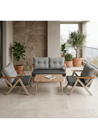 Venedik 2+1+1+sehpa Metal Balkon Takımı Keten Dokulu Kumaş Cappuccino Metal - Bahçe Teras Oturma Grubu