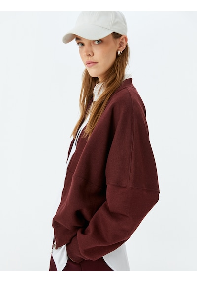 Koton Şardonlu Oversize Fermuarlı Dikiş Detaylı Sweatshirt Bordo 5wal10014ık