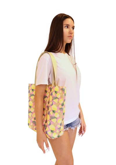 İcone Bag Kadın, Kız Plaj Çantası, Baskılı Plaj Çanta, Limon Desenli Çanta Pembe