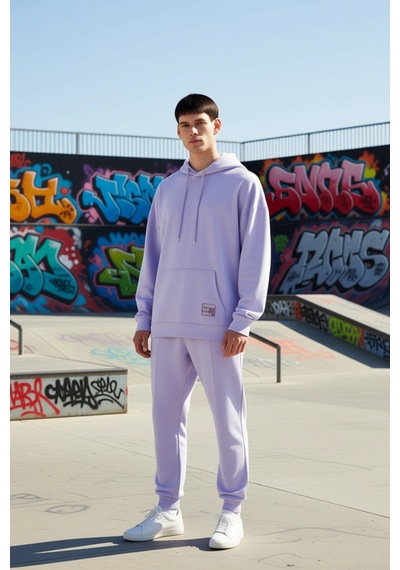 Benerly Erkek Kapüşonlu Düşük Kol Uzun Kollu Oversize Kalıp Sweatshirt Fo Lila