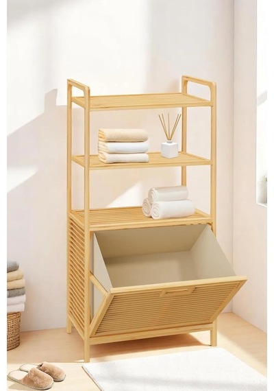 Bambu Xl Kirli Sepetli 3 Raflı Çok Amaçlı Banyo Düzenleyici Çamaşır Sepeti Organizer Db-0011 Çok Renkli