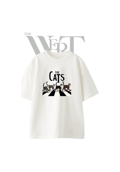 Thewert Cats Abbey Road Tasarım Baskılı Ünisex Beyaz Oversize T-shirt