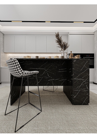 Asra Trend Mutfak Adası MA-04 %100 MDF Dolaplı Yemek ve Bar Masası Royal Mermer
