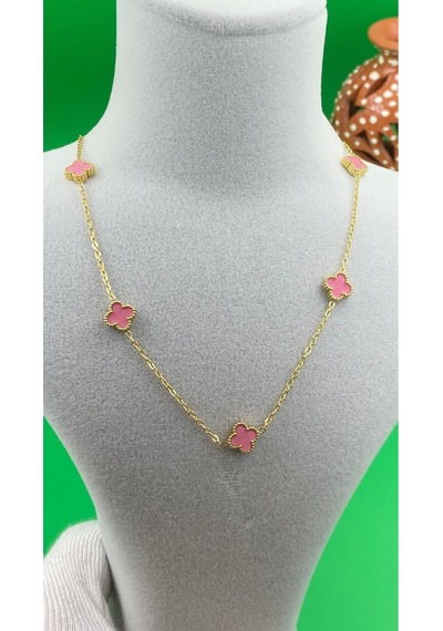 Gold Renk Minimal Yonca Desenli Çelik Kolye Pembe