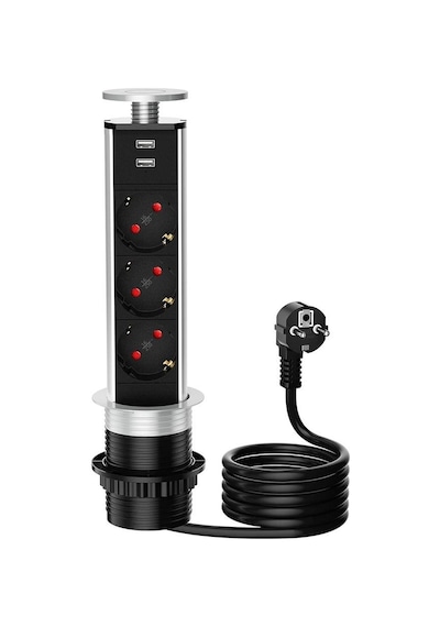 Xtechnx Xtechn476584 Vea Ve-24063 Üçlü 1.5 Metre Kablolu İki Usb Li 80mm Masaüstü Priz 1.5 M