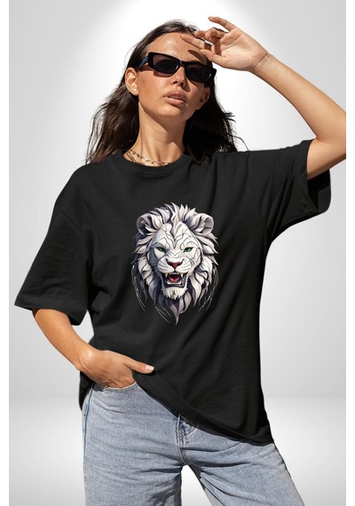 Beyaz Kaplan Kükreme Pamuklu Bisiklet Yaka Unisex Oversize Boyfriend Dijital Baskılı Siyah T-shirt Siyah