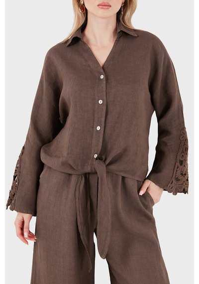 Via Dante Relaxed Fit Güpür Detaylı Uzun Kollu Keten Gömlek Bayan Gömlek 699e31842 Kahve