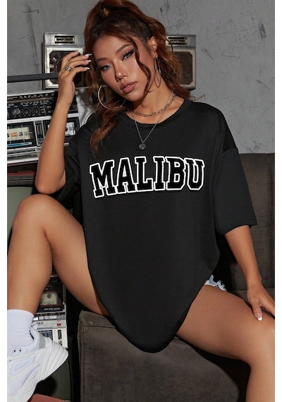 Unisex Malibu Baskılı Tasarım Tshirt Siyah