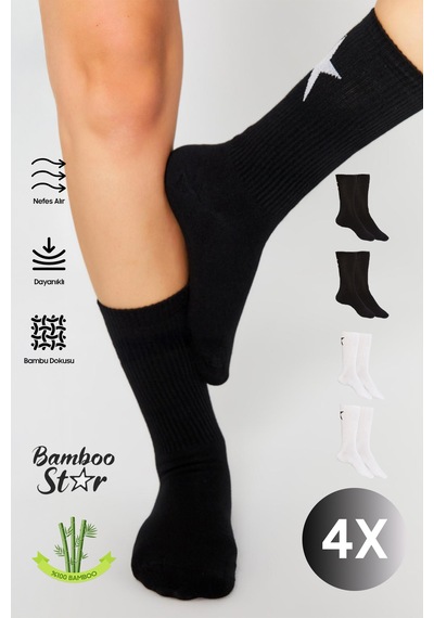 Bamboo Star Bambu Kadın Siyah-beyaz Tenis Kolej Yıldız Desenli Premium Dikişsiz Soket Çorap 4lü Asorti Paket Siyah - Beyaz