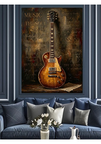 Paslı Duvarda Klasik Elektro Gitar Dekoratif Kanvas - Mdf Ahşap Tablo