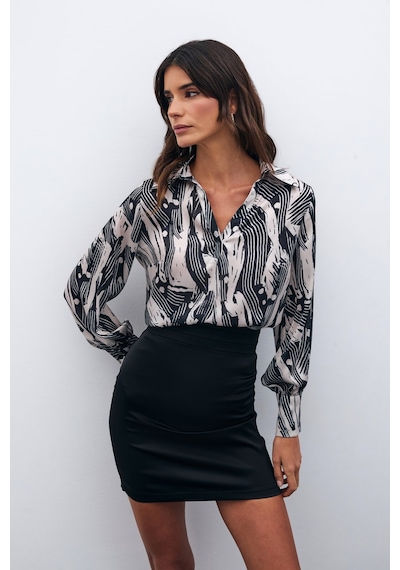 Sateen Gömlek Yaka Bluz - Siyah-135569 Siyah