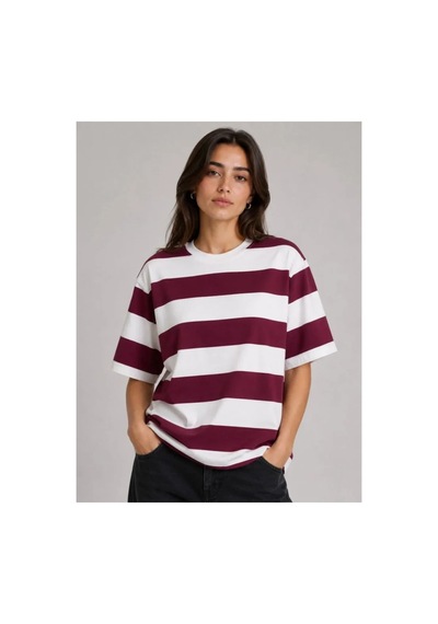 Butik İstanbul Çizgili Oversize Tişört Bisiklet Yaka Kısa Kol Yazlık T-shirt - Bordo