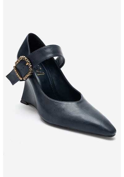 Luvi Shoes Lyons Lacivert Cilt Tokalı Kadın Dolgu Topuklu Ayakkabı