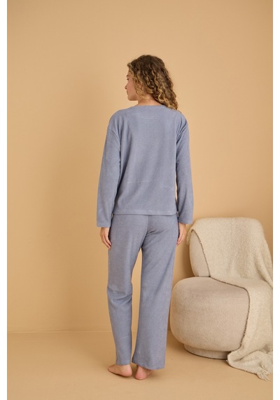 Siyah İnci Havlu Kumaş Örme Pijama Takım25226007 mavi
