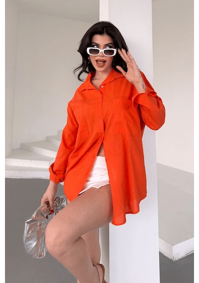 Paw Garage Kadın Harper Çift Cepli Oversize Keten Gömlek, 2025 Summer Collection Nar Çiçeği