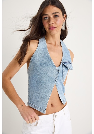 Shade Kadın Boyundan Askılı Dekolte Detaylı Denim Bluz 3433 60283271 - Buz Mavisi