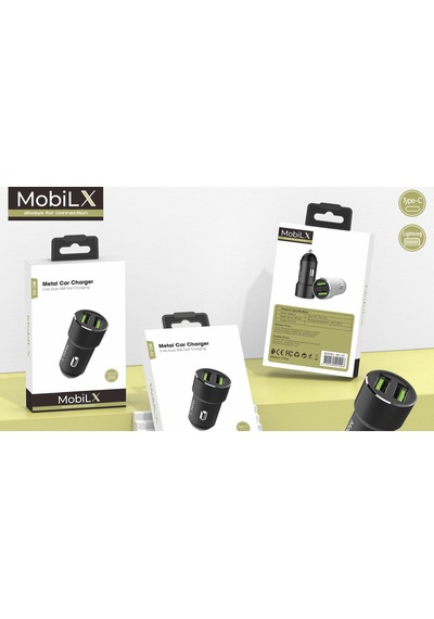 Mobilx Mc-02 2.4a Çift Usb Portlu Metal Araç Şarj Cihazı Type-c Ve Lightning Kablo Uyumlu Siyah