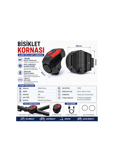 120 Db Usb Şarjlı Elektrikli Bisiklet Kornası Ve Anti Hırsızlık Alarm Zili Scooter Uyumlu Siyah