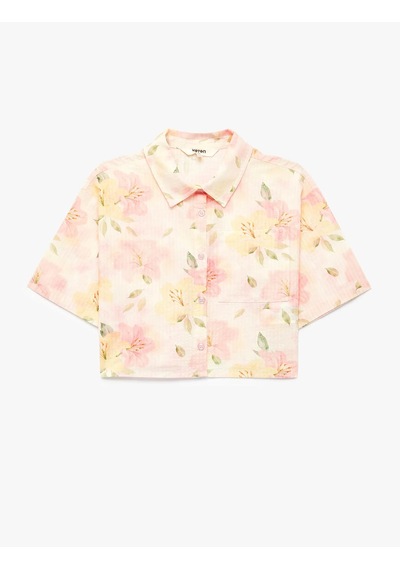 Koton Desenli Cep Detaylı Viskon Crop Pembe Kız Çocuk Gömlek 6skg60221aw