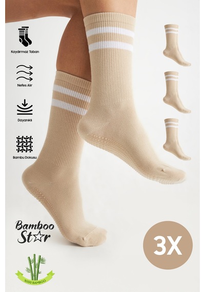 Bamboo Star Bambu Kadın Krem Kaydırmaz Taban Silikon Baskı Yoga Fitness Pilates Bale Dans Tenis Çorabı 3'lü
