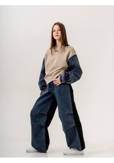 Kız Çocuk Mevsimlik Denim Kol 3 İplik Sweatshirt-14774 Kahverengi Kız Çocuk Mevsimlik Denim Kol 3 İplik Sweatshirt-14774 Kahverengi