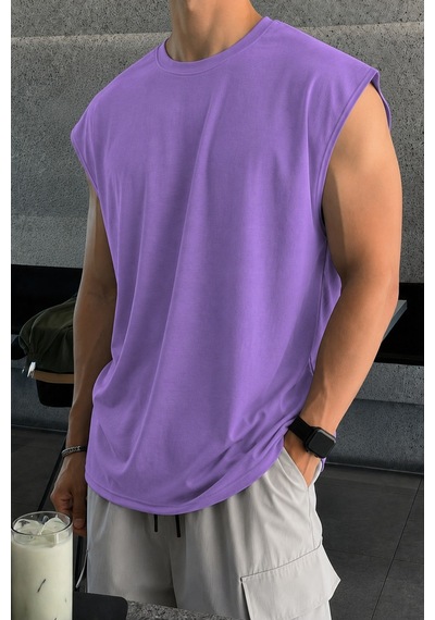 Tarz Cool Erkek Oversize Kolsuz Tişört %100 Pamuk Süprem Basic Bisiklet Yaka Mor