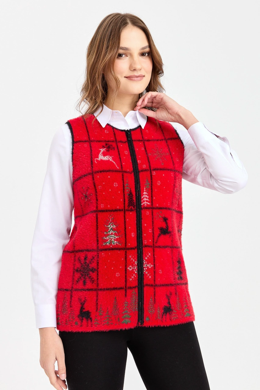 Desen Triko Kadın Sıfır Yaka Patchwork Yılbaşı Desenli Yelek Kırmızı Kırmızı