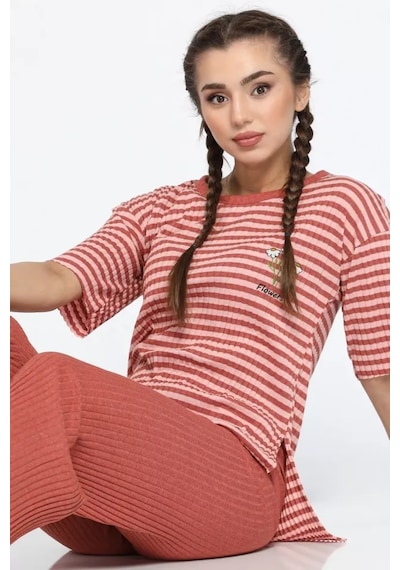 Lukitus Kısa Kollu İnce Triko Desenli Kadın Pijama Takımı Pudra