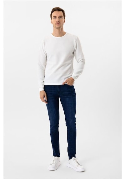 Süvari Beyaz Slim Armürlü Bisiklet Yaka Sweatshirt Beyaz