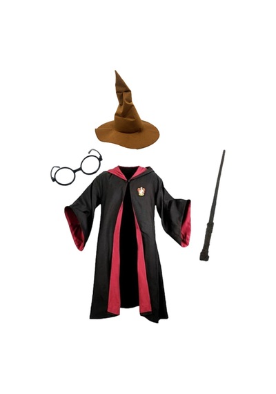 Harry Potter Gryffindor Kapişonlu Cübbe Çocuk Boy + Orjinal Keçeli Şapka + Asa + Gözlük 4 Parça Set
