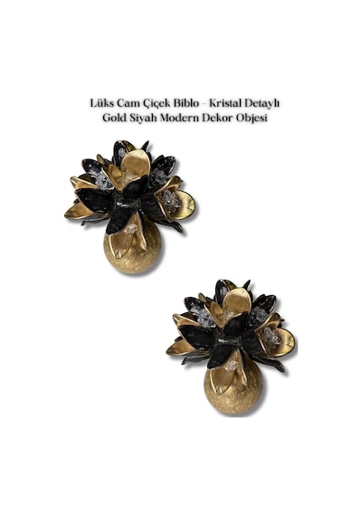 Lüks Cam Çiçek Biblo Kristal Detaylı Gold Siyah