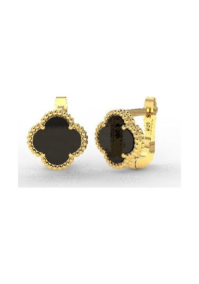 Roza Silver 925 Ayar Oniks Taşlı Gold Yonca Gümüş Küpe Re10197