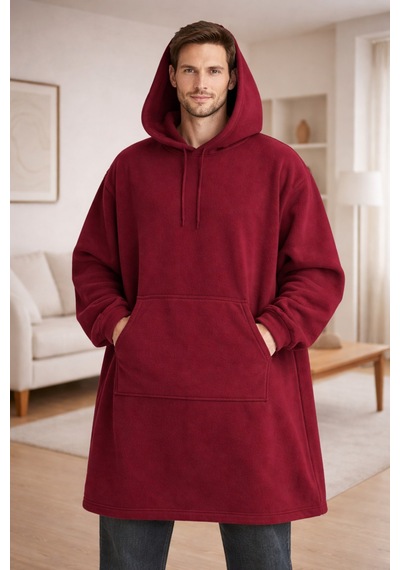 Alpin Unisex Kapüşonlu Oversize Hoodie Battaniye Kanguru Cepli, Yumuşak Dokulu, Sıcak Tutan Ev Giyim Bordo Bordo