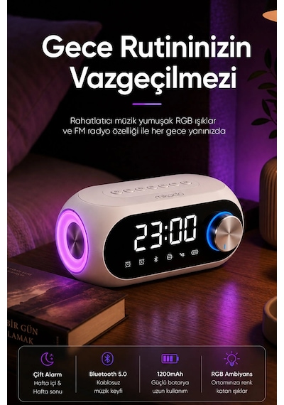 Mikado Md-w7 1200mah 5w Beyaz Bluetooth-aux-derece-usb-fm Radyo Alarmlı Saat Speaker Speaker