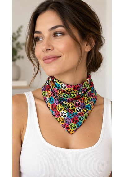 Herşeynota Peace Desenli Renkli 52x52 Cm %100 Pamuk Fular Bandana Unisex Çok Amaçlı Çok Renkli