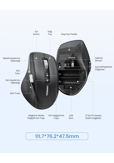 Ugreen Ergonomik 5000 Dpı Sessiz Kablosuz Wireless Mouse, Siyah , 45792 Bluetooth 54