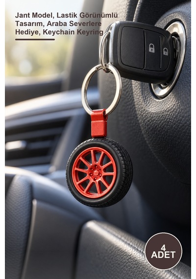 4 Adet Tekerlek Tasarımlı Metal Anahtarlık Jant Model, Lastik Görünümlü Tasarım, Araba Severlere , Keychain Keyring