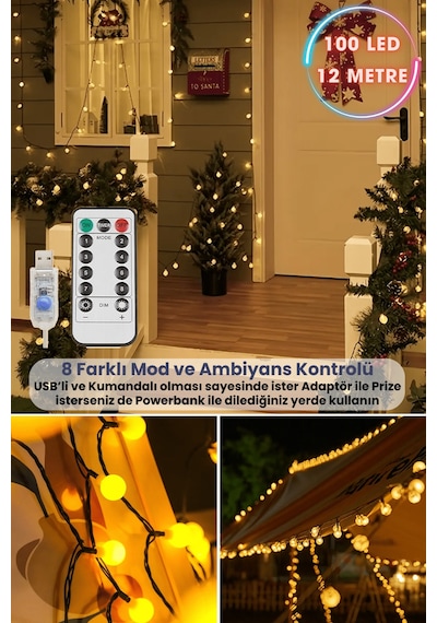 Technosmart 100 Ledli Usbli Kumandalı 8 Modlu 12 Metre Toplu Işık Parti Süsleme Organizasyon Sarı