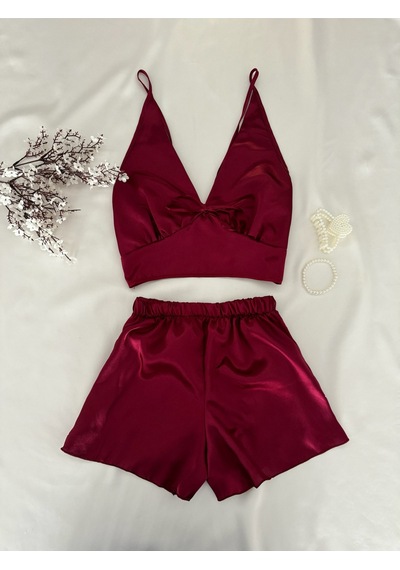 Mh Moony Homewears Bordo Saten Seksi Şortlu Pijama Takımı Bordo