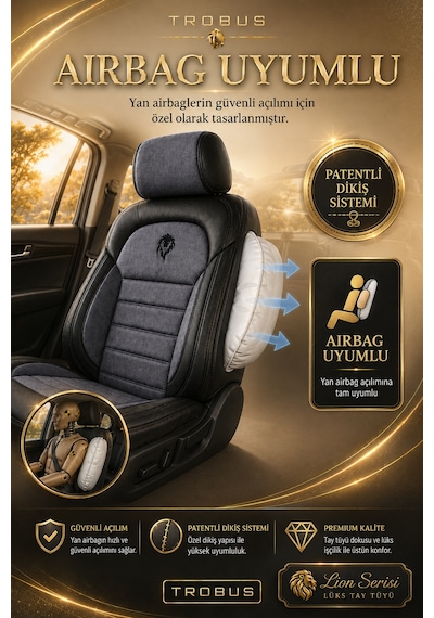 Renault R9 Broadway 1990-2000 Uyumlu Lion Serisi Tay Tüyü Füme Siyah Premium Koltuk Kılıfı