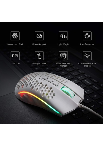 M808 Storm Ultralight Kablolu Oyun Faresi, 85g Hafif Petek Kabuk - 12.400'e Kadar Ayarlanabilir Dpı - Optik Sensör - 7 Programlanabilir Düğme - Pc Oyuncuları İçin - Beyaz