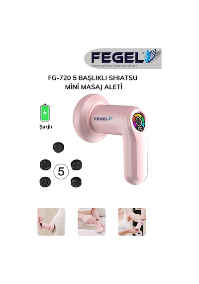 Fegel FG-720 6 Kademeli 5 Başlıklı Şarjlı Profesyonel Masaj Tabancası Pembe