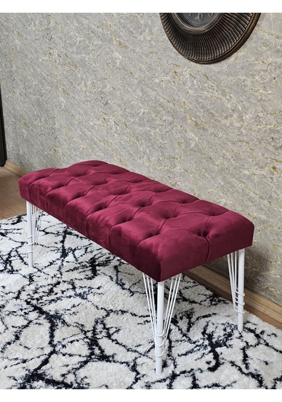 Zafir Beyaz Boyalı Tel Ayaklı 90 Cm Puf Bench - Puf - Bench - Kasalı Oturak - Oturak - Yatak Ucu Puf Bordo