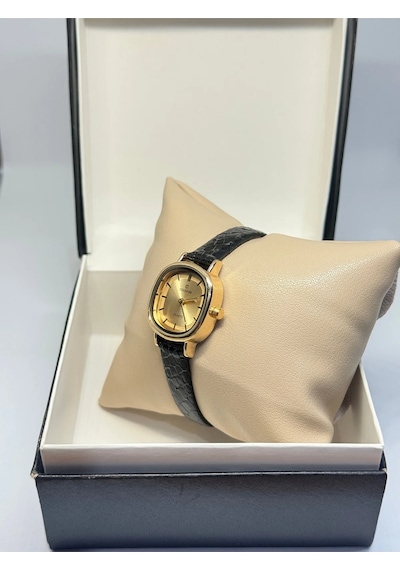 Athena Gold Sarı Saat Siyah Deri Kordon