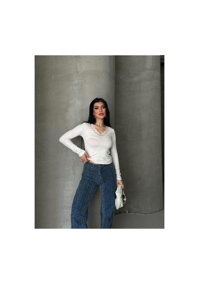 Dima Fashion Dantel Detaylı Bluz Beyaz