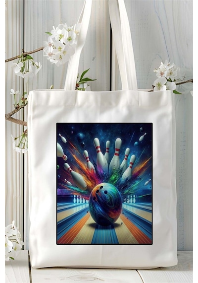 Art Hediye Bowling Baskılı Bez Çanta Omuz Çantası Kişiye Özel Desen 6 Çok Renkli